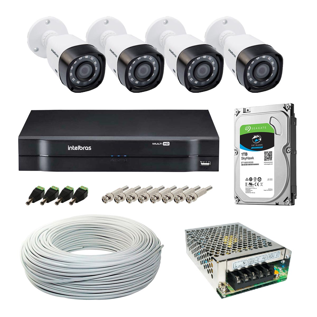 Kit CFTV Intelbras DVR 8 Canais MHDX 1108, 4 Câmeras Bullet VHD 1120