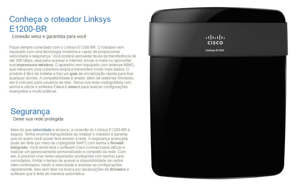 Roteador Wi Fi Cisco E1200 300Mbps Wireless N 2.4 GHz permite VPN Tunneling Oficina dos Bits