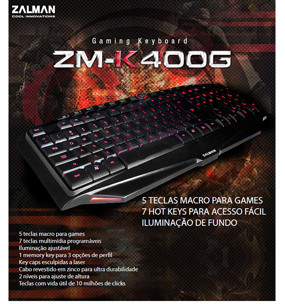 Teclado Gamer Zalman LED Azul e Vermelho Programável ABNT2 USB ZM