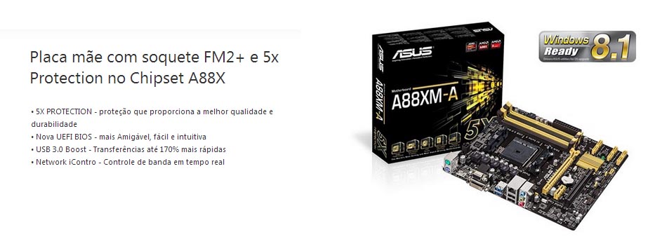 Placa Mãe Asus A88XM-A (FM2+ DDR3 2400 O.C.) Chipset AMD A88X USB