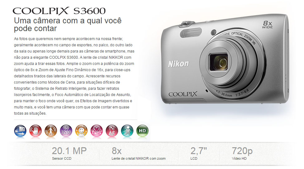 Nikon Coolpix S3600 20.1 Mega Pixels Zoom Ótico 8x Filma em