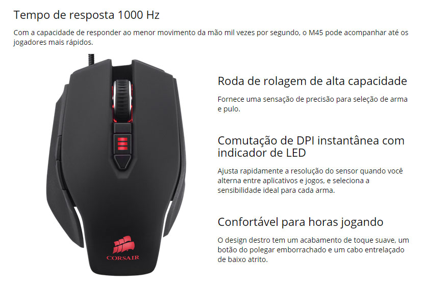 Mouse Gamer Corsair Raptor M45 5000dpi com LED CH900052 Oficina dos Bits