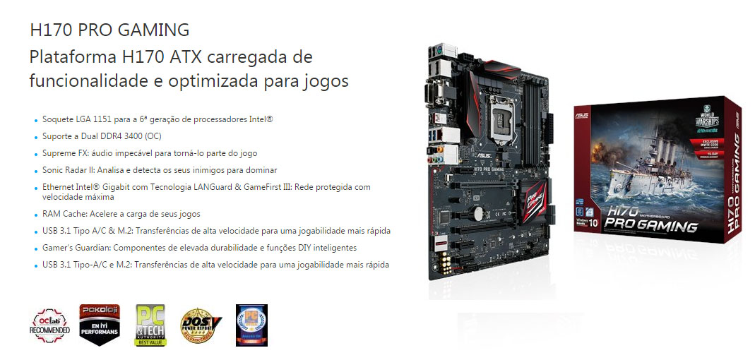 Placa Mãe Asus H170 Pro Gaming (LGA 1151 DDR4 2133) Chipset Intel