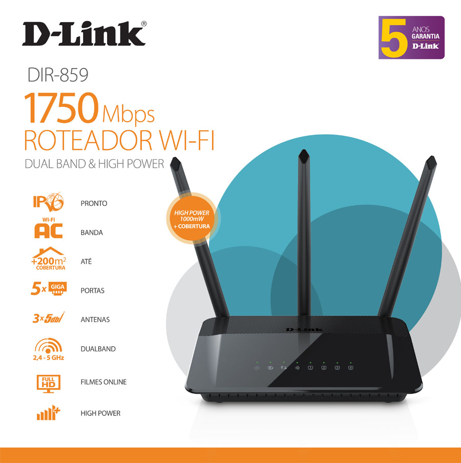 Roteador WiFi DLink DIR859 AC1750 Gigabit Dual Band 2.4 GHz e 5 GHz