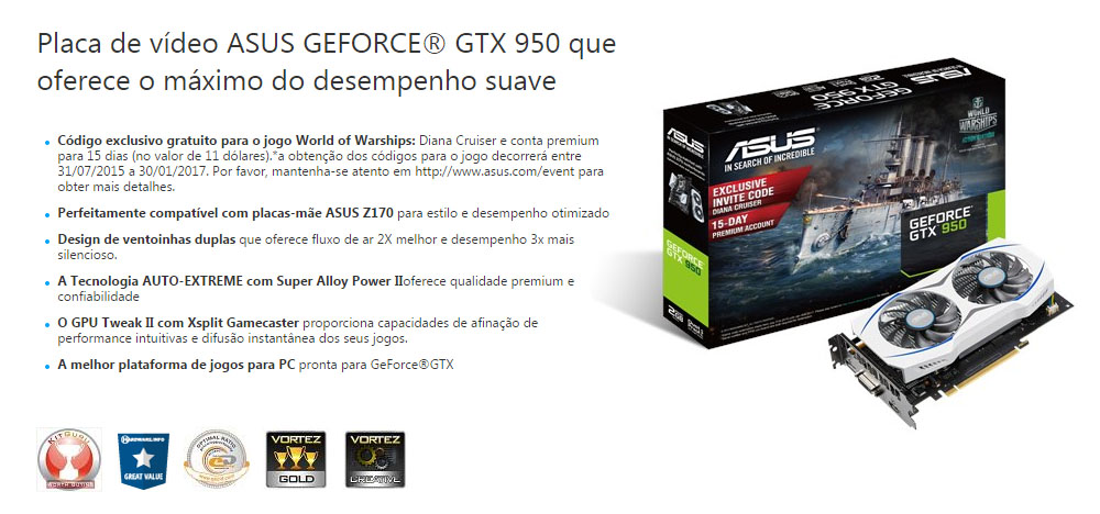 GeForce GTX 950 2GB GDDR5 128bits - Asus GTX950-2G Asus - Oficina