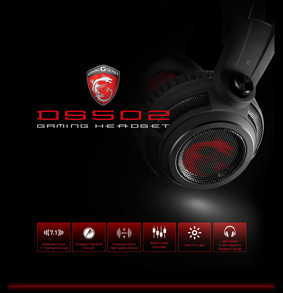 Headset Gamer MSI DS502 com Controle de Volume 7.1 Canais Vibração