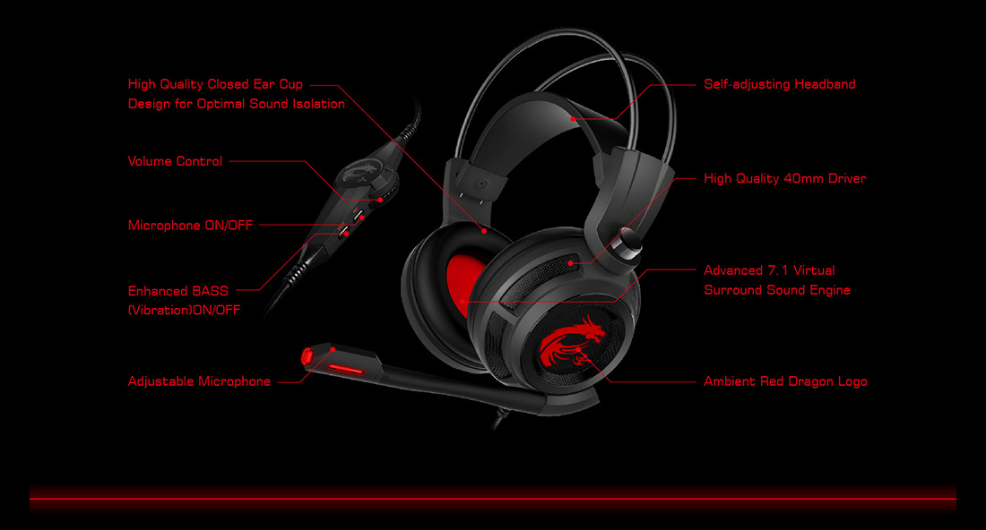 Headset Gamer MSI DS502 com Controle de Volume 7.1 Canais Vibração