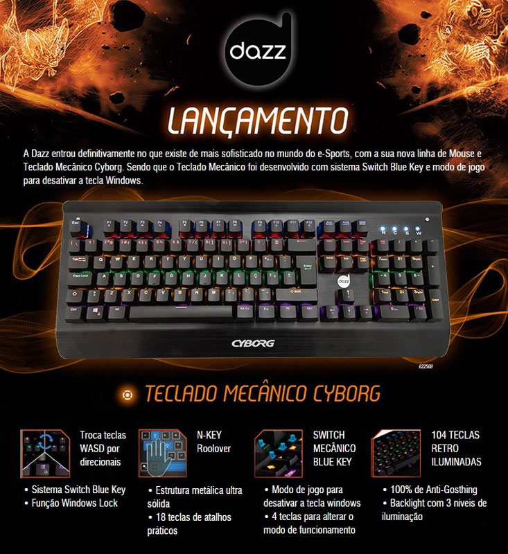 Teclado Mecânico Dazz Cyborg Switch Blue Key ABNT2 Teclas Anti