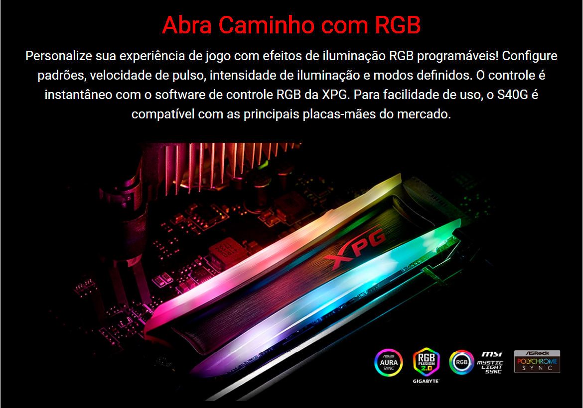 Ssd M 2 512gb Adata Xpg Spectrix S40g Nvme 3d Nand Leitura 3500 Mb S Gravacao 2400mb S Led Rgb As40g 512gt C Oficina Dos Bits