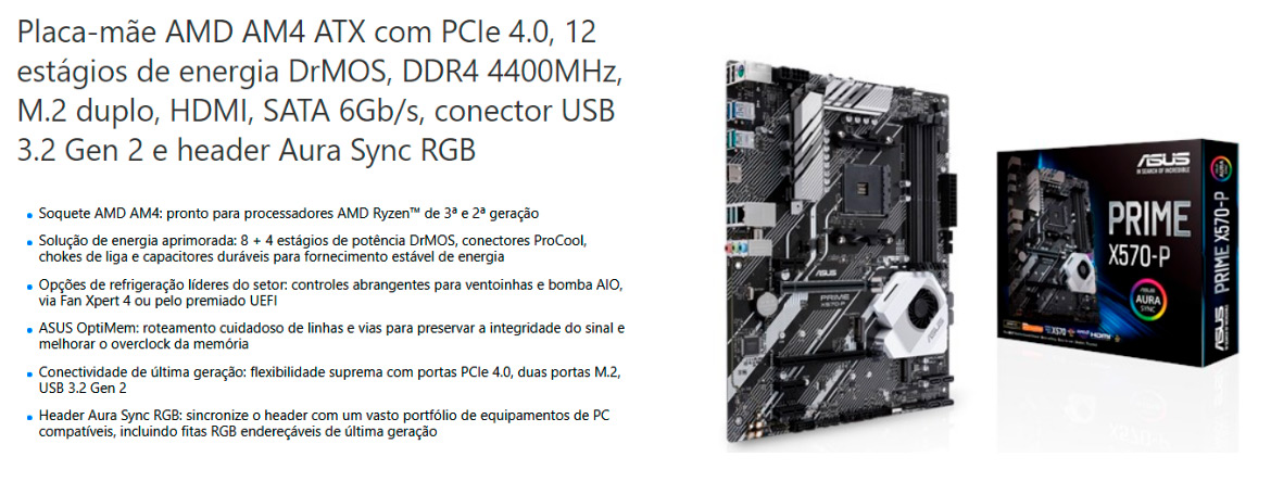 Placa Mãe Asus Prime X570-P (AM4 DDR4 4400 O.C) Chipset AMD X570