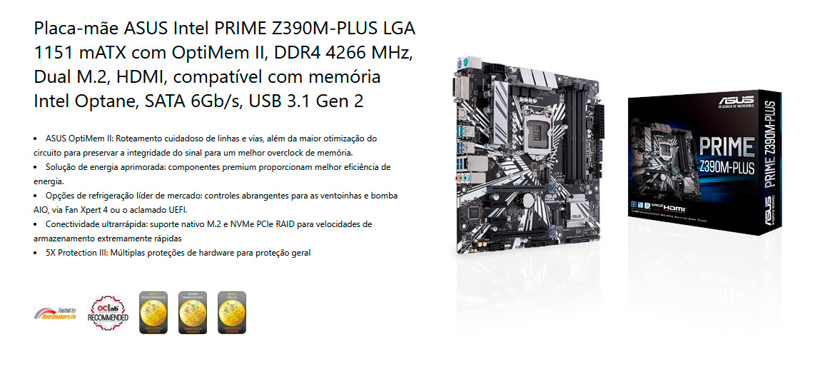 Placa Mãe Asus Prime Z390M-PLUS (LGA 1151 DDR4 4266) Chipset Intel
